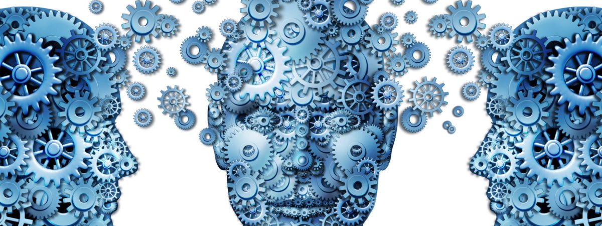 Business training and corporate management education programs symbol with human heads made of gears and cogs exchanging ideas and knowledge to train and educate the mind for career success on a white background,